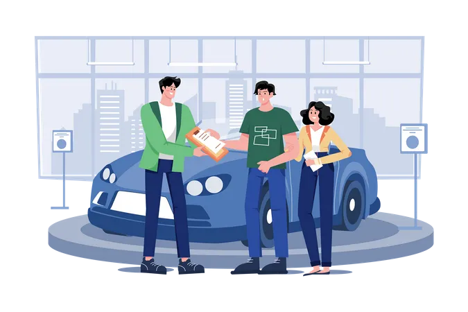 Car dealer explaining sales contract to couple buying car  Illustration