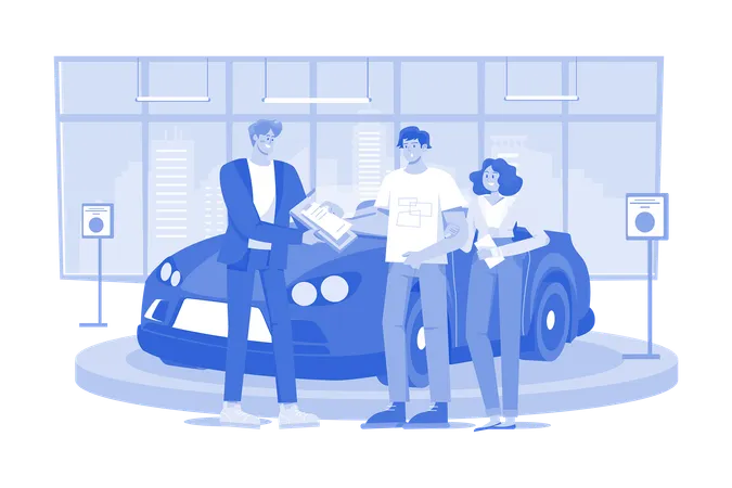 Car dealer explaining sales contract to couple buying car  Illustration