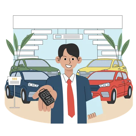 Car dealer handing keys  Illustration