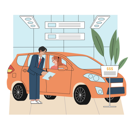 Car dealer showing car features to customer  Illustration