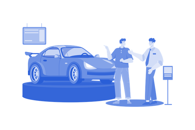 Car Dealer showing car to customers  Illustration
