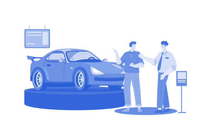 Car Dealer showing car to customers  Illustration