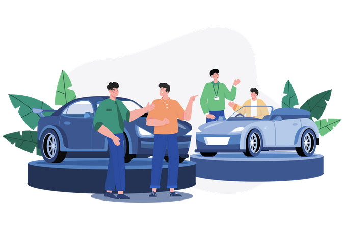 Car Dealer showing car to customers Illustration