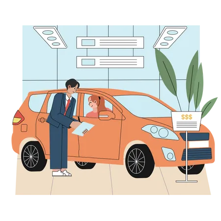 Car dealer showing car features to customer  Illustration