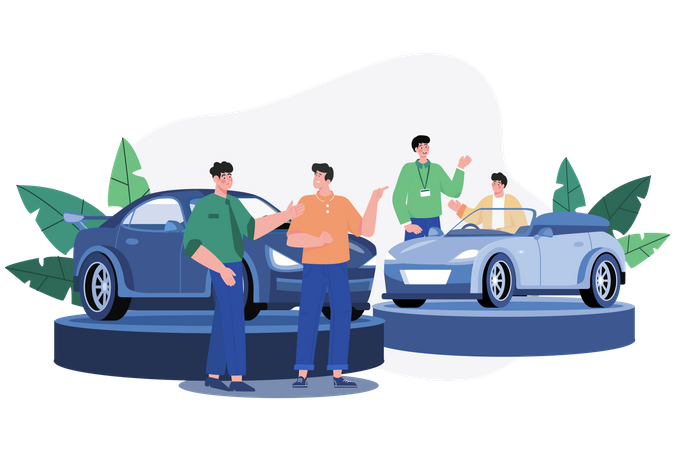 Car Dealer showing car to customers  Illustration