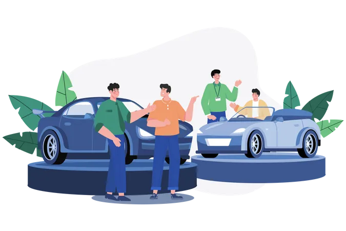 Car Dealer showing car to customers  Illustration