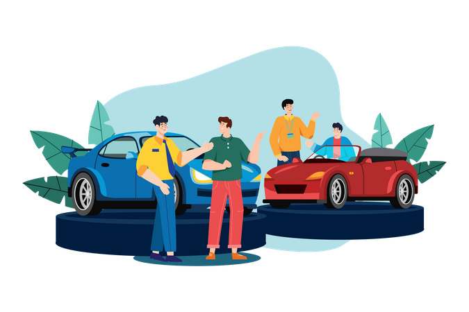 Car Dealer showing car to customers  Illustration