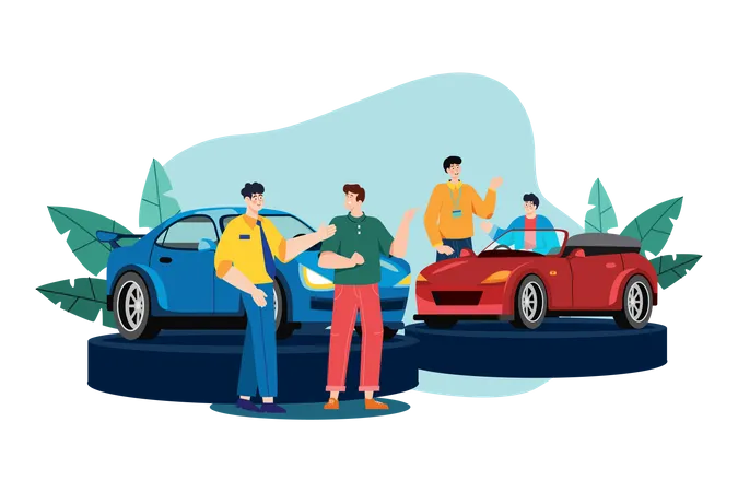 Car Dealer showing car to customers  Illustration