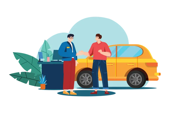 Car dealership seller greeting customer  Illustration