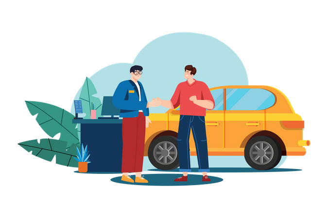 Car dealership seller greeting customer  Illustration