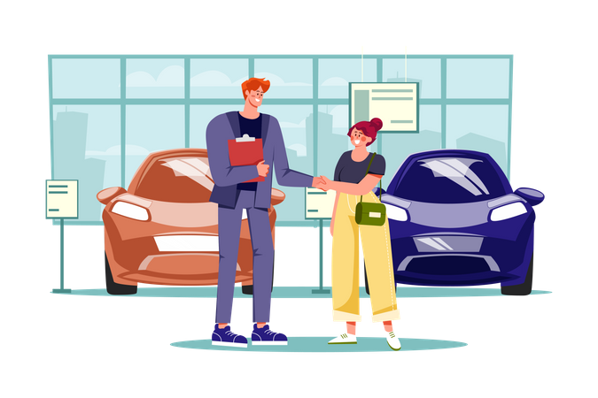 Car dealership seller greeting customer  Illustration