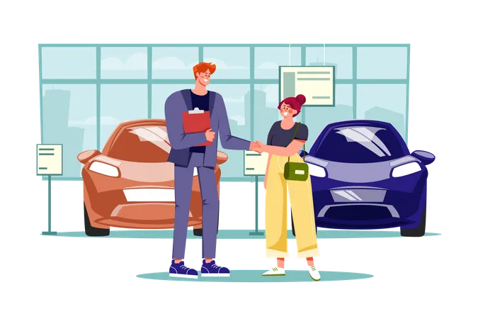 Car dealership seller greeting customer  Illustration