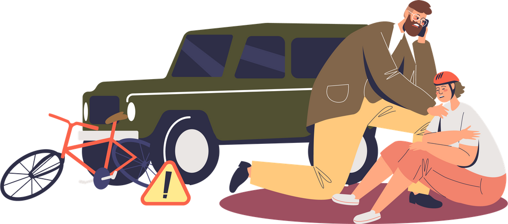 Car Driver checking injured bicycle owner on road Illustration