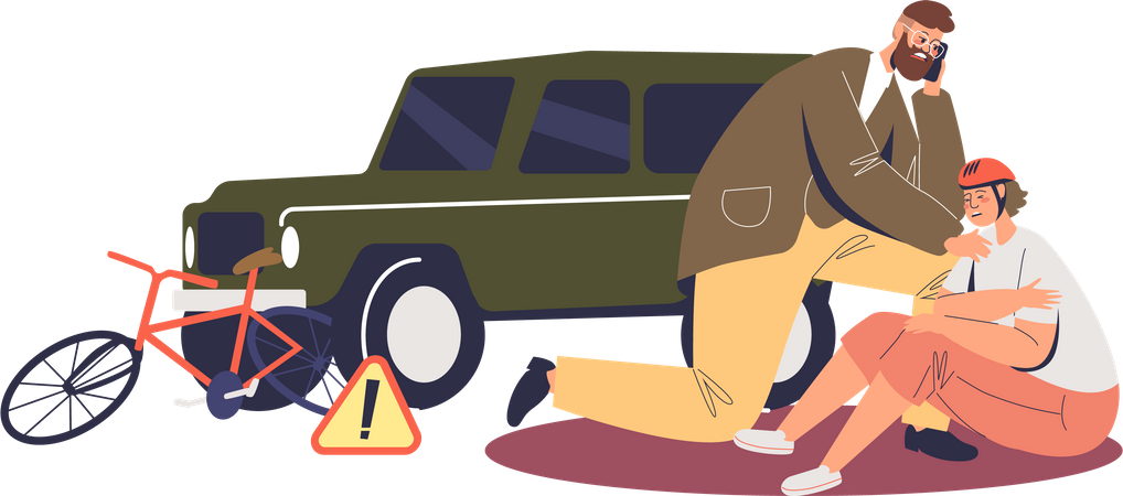 Car Driver checking injured bicycle owner on road  Illustration