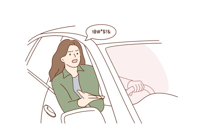 Quarrelling And Negative Emotions Of Car Driver Concept Young Angry Woman Driver Cartoon Character Feeling Dissatisfied And Screaming On Somebody From Cars Cabin Window Illustration