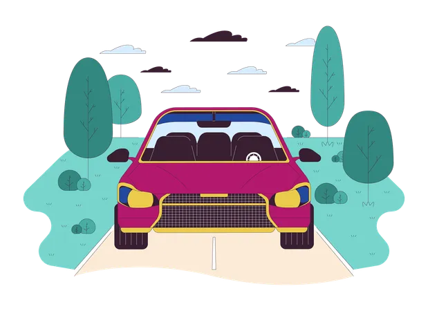 Car Driving Along Rural Road Line Cartoon Flat Illustration Travelling By Vehicle Across Countryside 2 D Lineart Scene Isolated On White Background Road Trip On Vacation Scene Vector Color Image Illustration