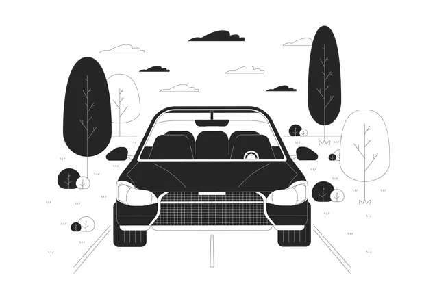 Car Driving Along Rural Road Black And White Cartoon Flat Illustration Travelling By Vehicle 2 D Lineart Scene Isolated On White Background Road Trip On Vacation Monochrome Scene Vector Outline Image Illustration