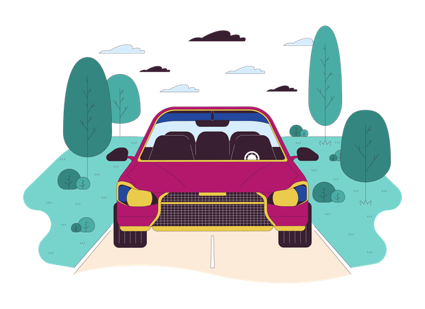 Car driving along rural road  Illustration