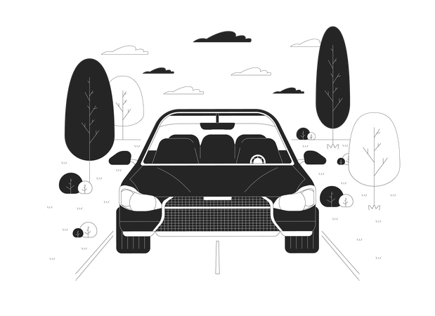 Car driving along rural road  Illustration