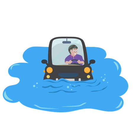 Car drowned in the puddle The driver had a worried look on his face  Illustration