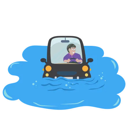 Car drowned in the puddle The driver had a worried look on his face  Illustration