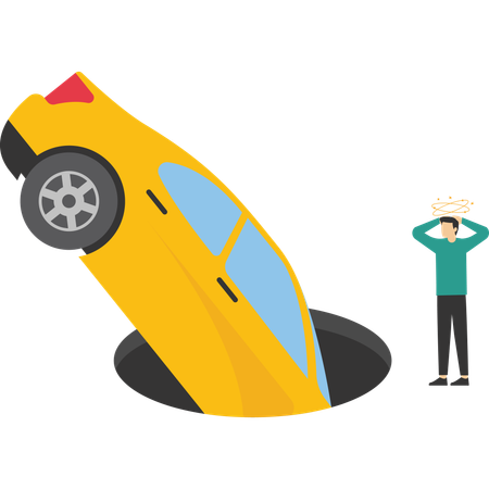 Car fell into pit on road  Illustration