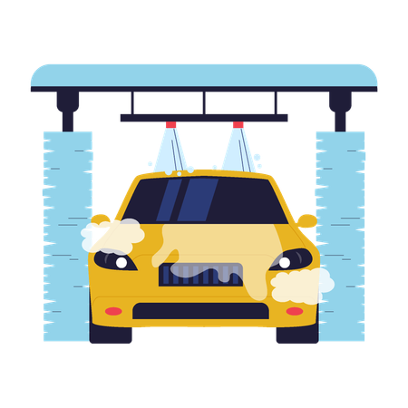 Car in Automatic Car Wash Tunnel with Water Sprayers  Illustration
