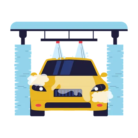 Car in Automatic Car Wash Tunnel with Water Sprayers  Illustration