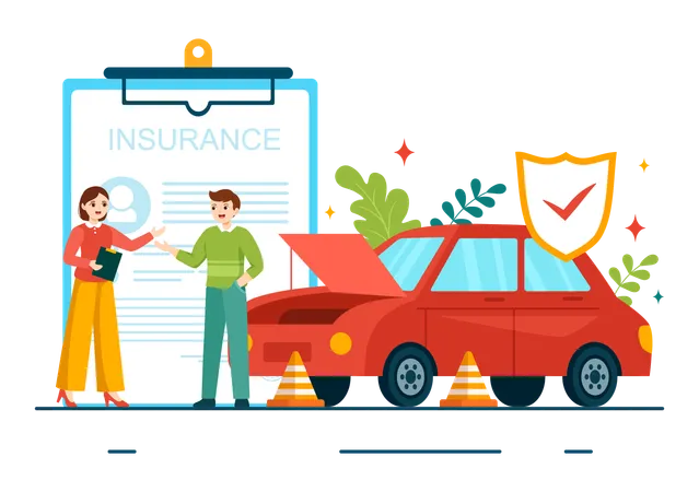 Car Insurance Vector Illustration For Protection For Vehicle Damage And Emergency Risks With Form Document And Cars In Flat Cartoon Background 일러스트레이션