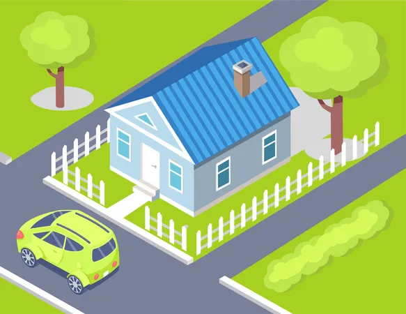 Car is parked in front of house  Illustration