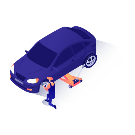 Car mechanic changing car tire  Illustration