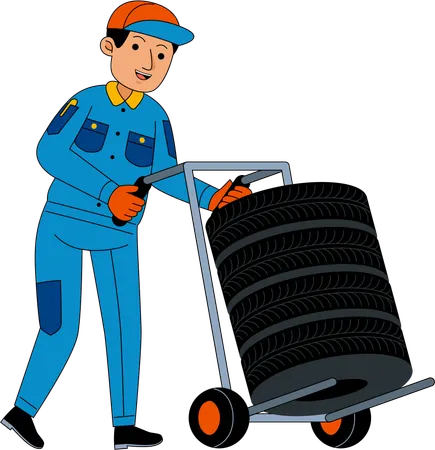 Car mechanic delivering tire Illustration