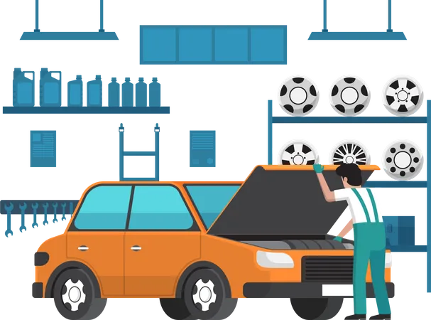 Car Mechanic Fixing Car In Auto Repair Garage Auto Repair Service Concept Illustration