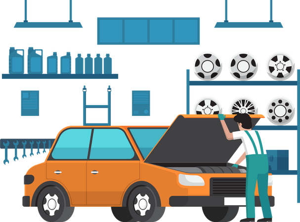 Car mechanic fixing car in auto repair garage  Illustration