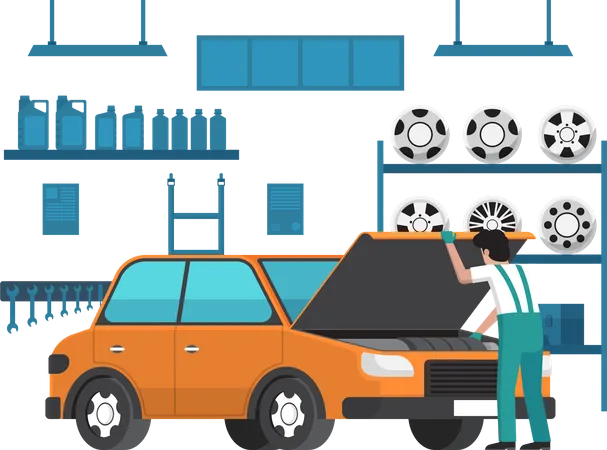 Car mechanic fixing car in auto repair garage  Illustration