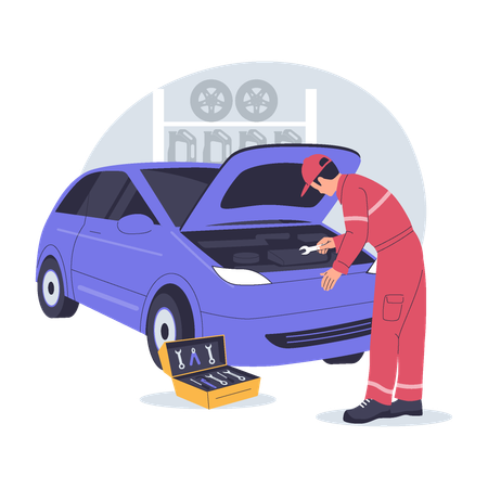 Car Mechanic Repairing Engine in Workshop  Illustration