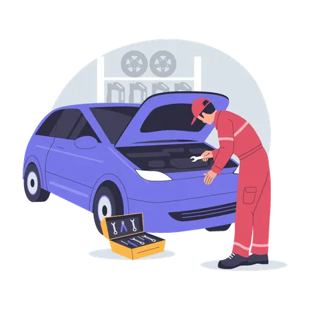 Car Mechanic Repairing Engine in Workshop  Illustration