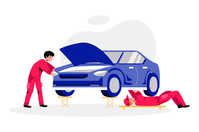 Car mechanics Repairing car Illustration