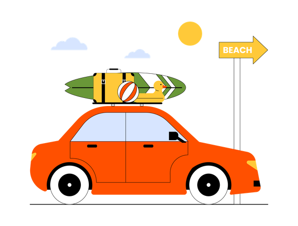 Car moving towards beach direction  Illustration