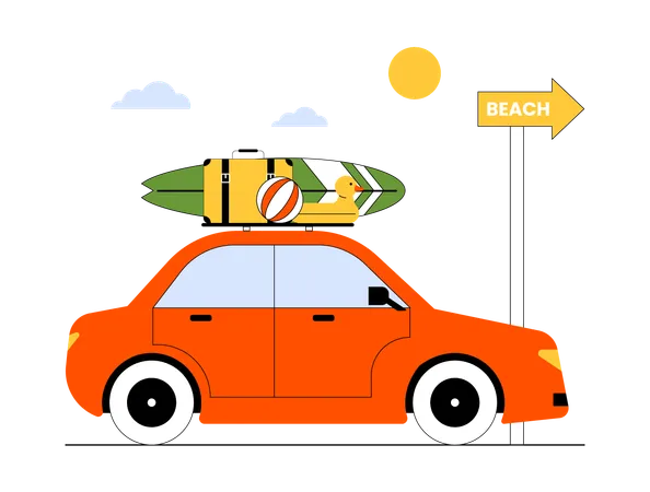 Car moving towards beach direction  Illustration