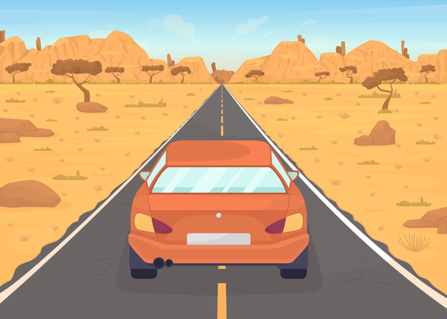 Car on desert road  Illustration