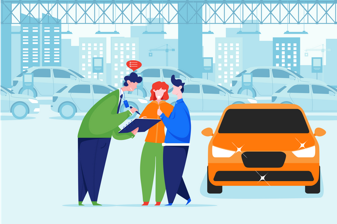 Car owner signing car contract with car agent Illustration