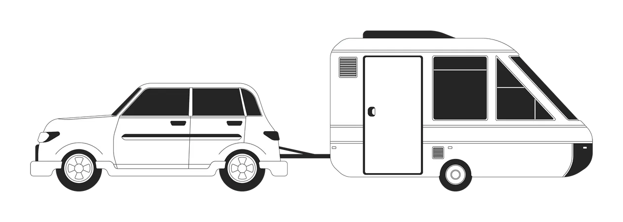 Car Pulling Trailer Black And White 2 D Line Cartoon Object Camping Vehicle Isolated Vector Outline Item Adventure Transport Tow Driving Tiny House On Wheels Monochromatic Flat Spot Illustration Illustration