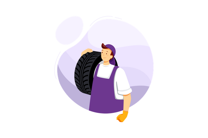 Car repairman holding tyre Illustration
