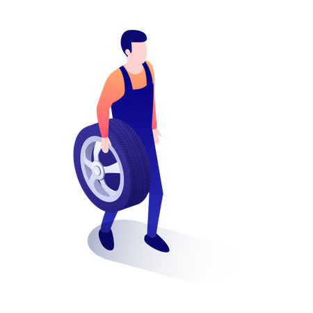 Car repairman with tire  Illustration