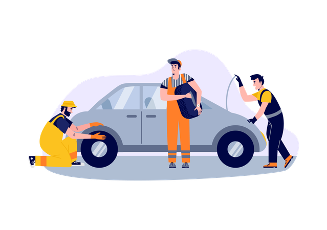 Car service worker working on car  Illustration