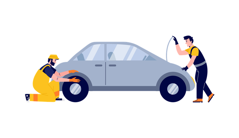 Car service worker working on car  Illustration