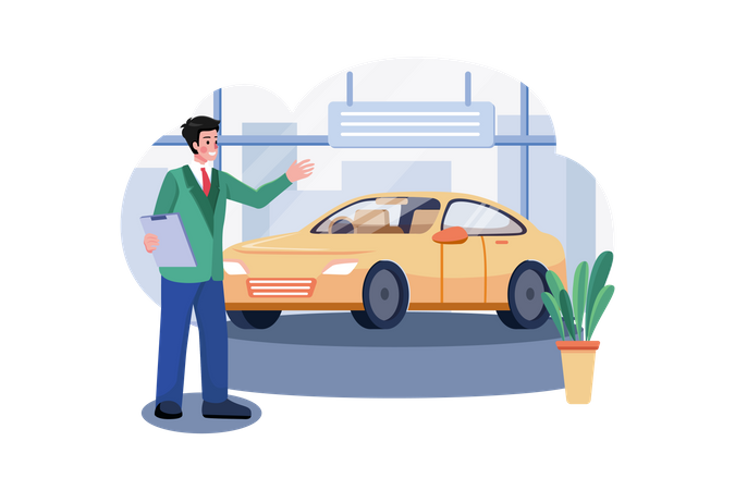 Car showroom manager dealing with car  Illustration