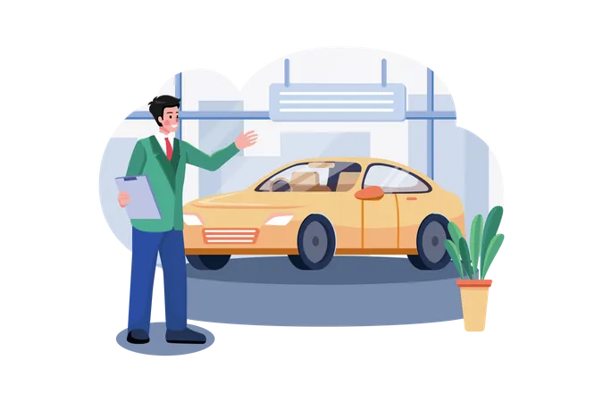 Car showroom manager dealing with car  Illustration