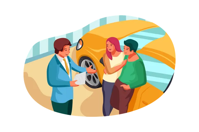 Car showroom manager giving detail about car to couple Illustration